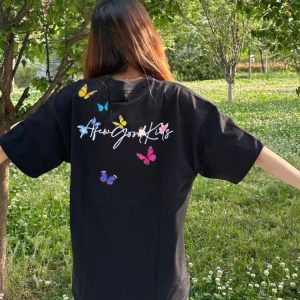Embroidered Flying Butterfly Short Sleeve T-Shirt for Women, Summer Cotton Top, Unique Couple Outfit, Trendy Y2K Style