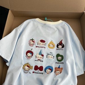 Embroidered Kitty Cat V-Neck Short Sleeve T-Shirt for Women - Unique Cartoon Design, Summer Style, Cute & Cool Girl Fashion