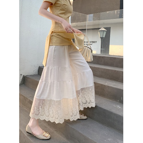 Embroidered Lace Patchwork Wide-Leg Pants with Elastic Waist for Women in Fresh Japanese Style, Cotton-Linen Blend
