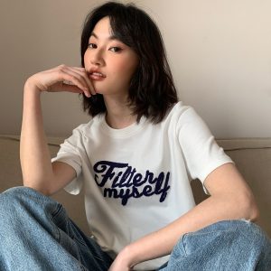 Embroidered Letter Short Sleeve T-Shirt for Women - Loose Slim Fit Spring Summer 2025 - Trendy Casual Style