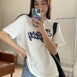 Embroidered Letter Short Sleeve T-Shirt for Women - Loose Slim Fit Spring Summer 2025 - Trendy Casual Style