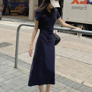 Embroidered Polo Collar Short Sleeve Dress for Women - Summer Korean Style, Plus Size, Waist-Cinching Elegant Bodycon Dress