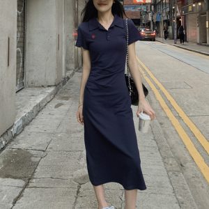 Embroidered Polo Collar Short Sleeve Dress for Women - Summer Korean Style, Plus Size, Waist-Cinching Elegant Bodycon Dress