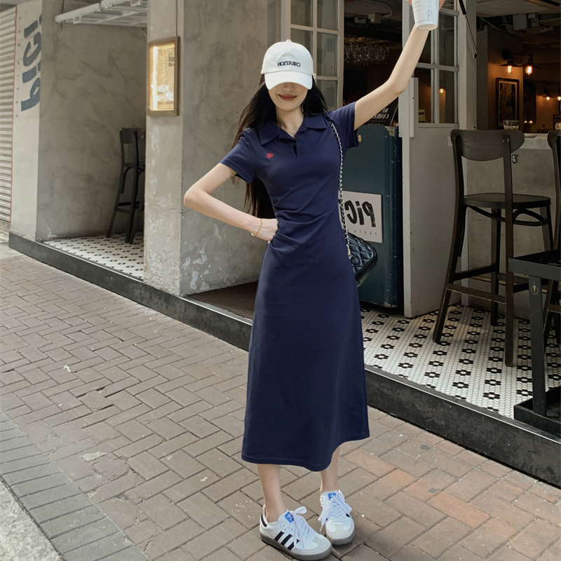 Embroidered Polo Collar Short Sleeve Dress for Women - Summer Korean Style, Plus Size, Waist-Cinching Elegant Bodycon Dress