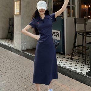 Embroidered Polo Collar Short Sleeve Dress for Women - Summer Korean Style, Plus Size, Waist-Cinching Elegant Bodycon Dress