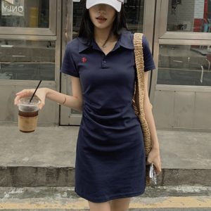 Embroidered Polo Collar Short Sleeve Dress for Women - Summer Korean Style, Plus Size, Waist-Cinching Elegant Bodycon Dress