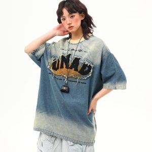 Embroidered Retro Washed Denim Short-Sleeve T-Shirt for Women - High-End Summer Fashion Trend