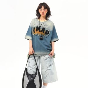 Embroidered Retro Washed Denim Short-Sleeve T-Shirt for Women - High-End Summer Fashion Trend