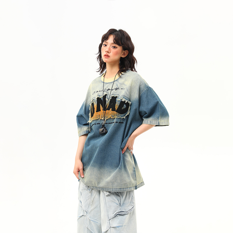 Embroidered Retro Washed Denim Short-Sleeve T-Shirt for Women - High-End Summer Fashion Trend