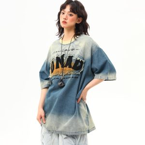 Embroidered Retro Washed Denim Short-Sleeve T-Shirt for Women - High-End Summer Fashion Trend