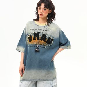 Embroidered Retro Washed Denim Short-Sleeve T-Shirt for Women - High-End Summer Fashion Trend