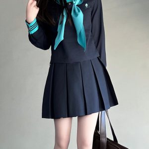 Embroidered Sailor Suit Dress - Long Sleeve College Style Japanese JK Uniform with Pudding Bear Design - Summer Fashion