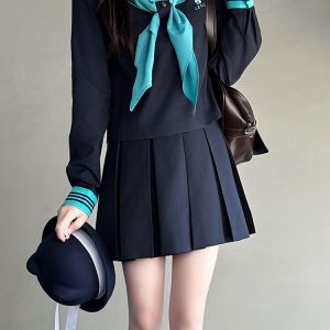 Embroidered Sailor Suit Dress - Long Sleeve College Style Japanese JK Uniform with Pudding Bear Design - Summer Fashion