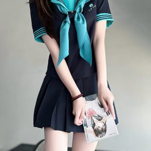 Embroidered Sailor Suit Dress - Long Sleeve College Style Japanese JK Uniform with Pudding Bear Design - Summer Fashion