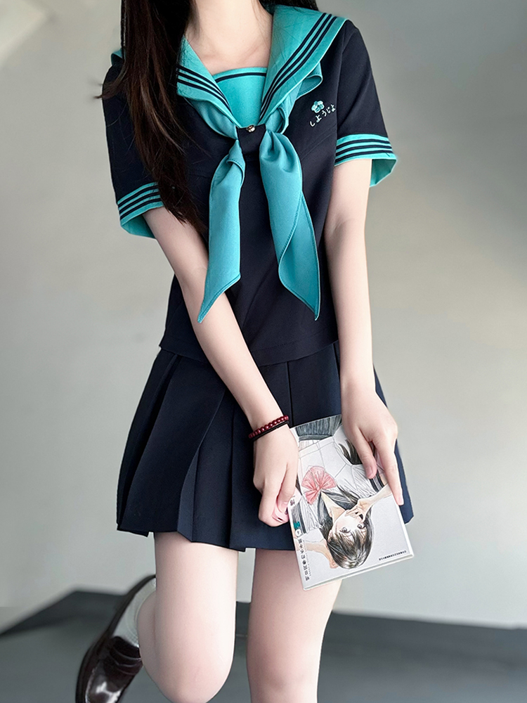 Embroidered Sailor Suit Dress - Long Sleeve College Style Japanese JK Uniform with Pudding Bear Design - Summer Fashion Embroidered Sailor Suit Dress - Long Sleeve College Style Japanese JK Uniform with Pudding Bear Design - Summer Fashion