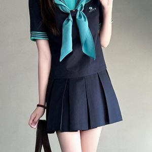 Embroidered Sailor Suit Dress - Long Sleeve College Style Japanese JK Uniform with Pudding Bear Design - Summer Fashion