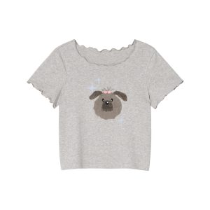 Embroidered Short-Sleeve T-Shirt for Women - Big Round Neck, Summer 2025, Petite Fit, Cute Dog Design, Casual Style