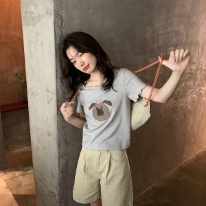 Embroidered Short-Sleeve T-Shirt for Women - Big Round Neck, Summer 2025, Petite Fit, Cute Dog Design, Casual Style