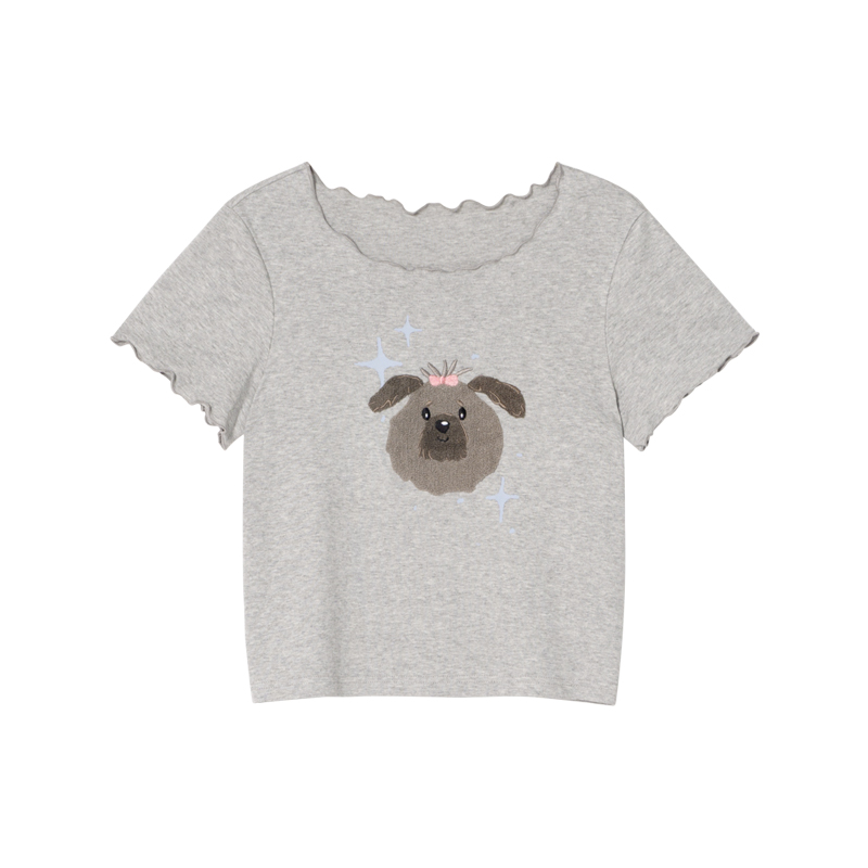 Embroidered Short-Sleeve T-Shirt for Women - Big Round Neck, Summer 2025, Petite Fit, Cute Dog Design, Casual Style
