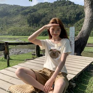 Embroidered Short-Sleeve T-Shirt for Women - Big Round Neck, Summer 2025, Petite Fit, Cute Dog Design, Casual Style