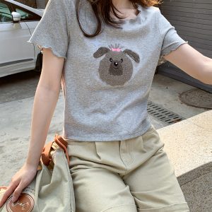 Embroidered Short-Sleeve T-Shirt for Women - Big Round Neck, Summer 2025, Petite Fit, Cute Dog Design, Casual Style