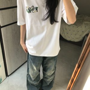 Embroidered White Magnolia Floral Short Sleeve T-Shirt for Women, Summer 2023 High-End Couples Top, Trendy Fashion Statement