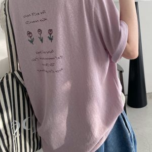 Energetic Rose Print Cotton T-shirt in Japanese Style with Sun Grapefruit and Snowflake Design - Loose Casual Versatile Top