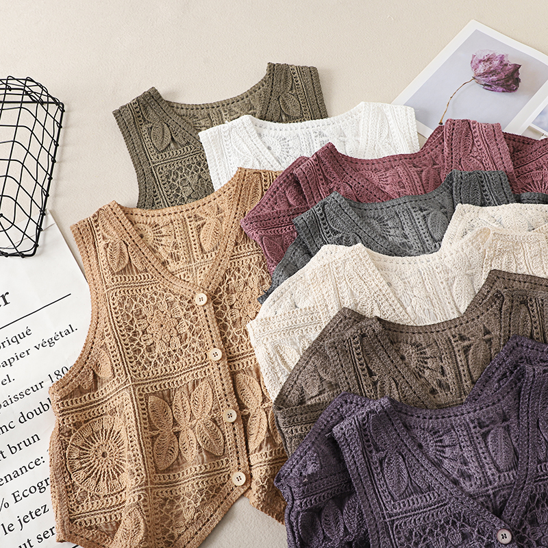 Ethnic Style Lace Crochet Hollow V-Neck Vest Tank Top - Loose Fit Versatile Layered Cardigan for Boho Chic Look