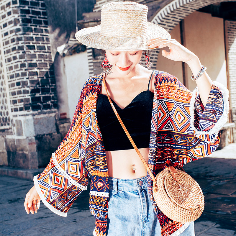 Exotic Ethnic Print Summer Travel Top for Women - Lightweight Sun Protection Shirt with Prairie Style Design