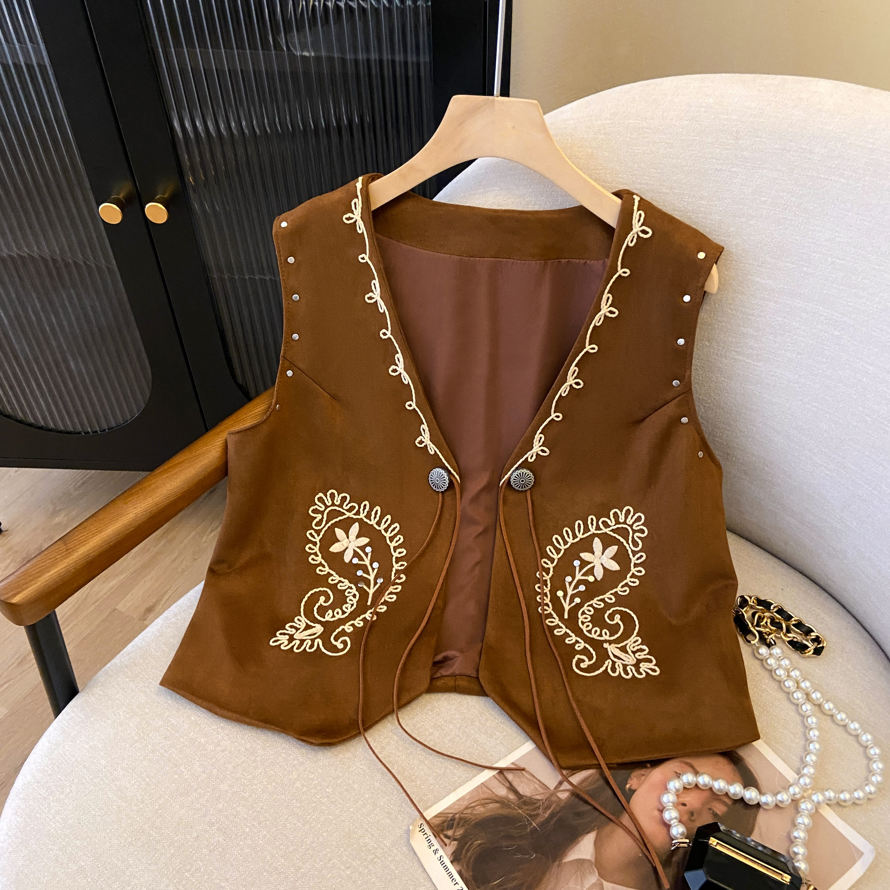Exotic Heavy Embroidery Studded Cashew Pattern Vest - Retro Suede Cardigan for Vacation, Boho Style, Travel Essential