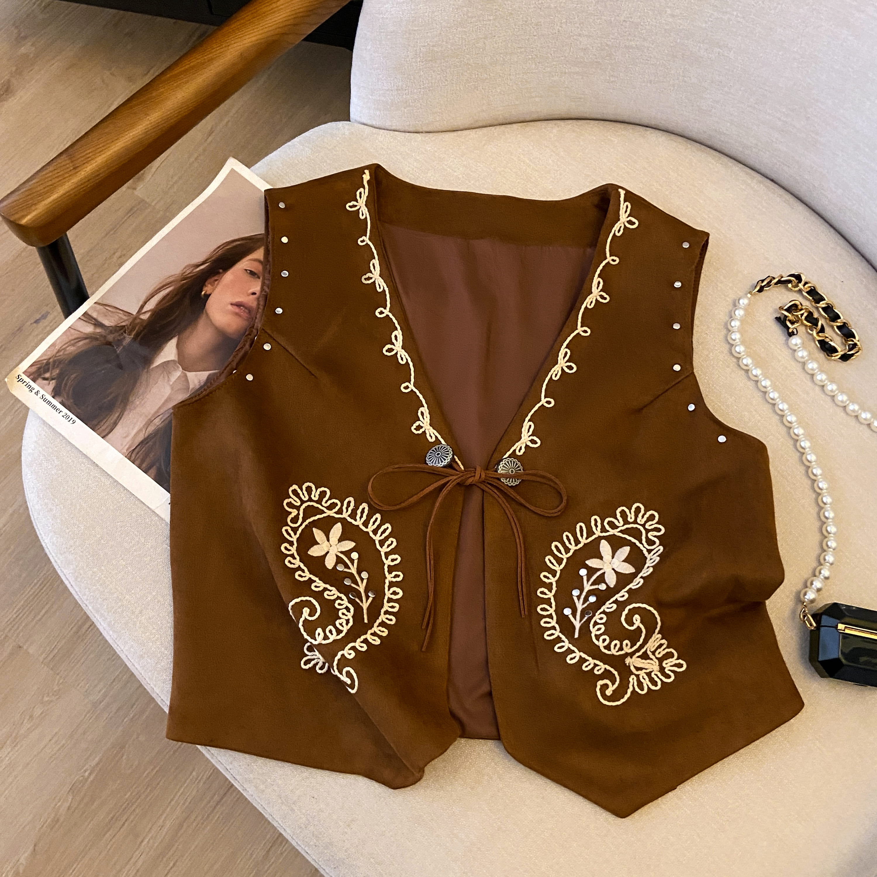 Exotic Heavy Embroidery Studded Cashew Pattern Vest - Retro Suede Cardigan for Vacation, Boho Style, Travel Essential