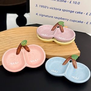 Exquisite Ceramic Divided Plate for Dipping Sauce - Hot Pot & Snack Serving Dish, Cherry Floral Design, Ideal for Entertaining