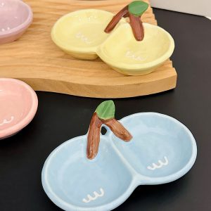 Exquisite Ceramic Divided Plate for Dipping Sauce - Hot Pot & Snack Serving Dish, Cherry Floral Design, Ideal for Entertaining