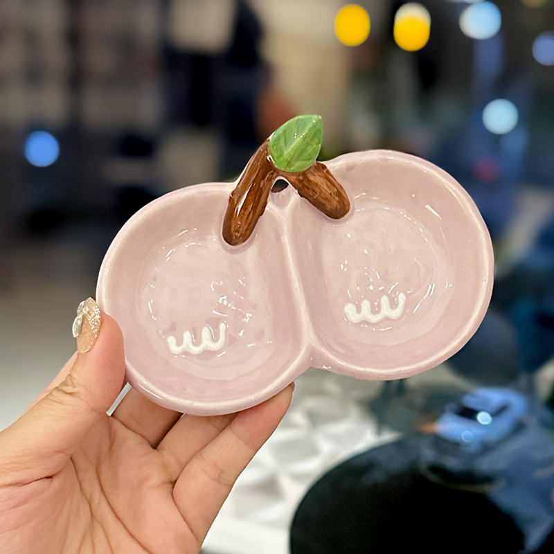 Exquisite Ceramic Divided Plate for Dipping Sauce - Hot Pot & Snack Serving Dish, Cherry Floral Design, Ideal for Entertaining