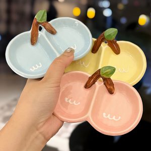 Exquisite Ceramic Divided Plate for Dipping Sauce - Hot Pot & Snack Serving Dish, Cherry Floral Design, Ideal for Entertaining
