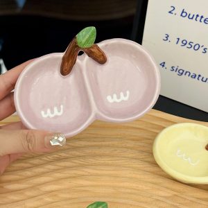 Exquisite Ceramic Divided Plate for Dipping Sauce - Hot Pot & Snack Serving Dish, Cherry Floral Design, Ideal for Entertaining