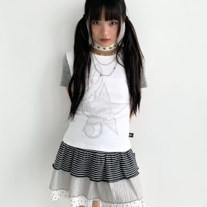 Faded Multicolor Printed T-Shirt for Women - Summer Spliced Flutter Sleeve Short Sleeve Top in Black, White, and Gray