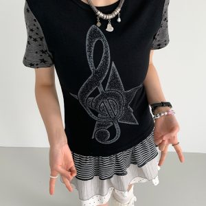 Faded Multicolor Printed T-Shirt for Women - Summer Spliced Flutter Sleeve Short Sleeve Top in Black, White, and Gray