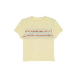 Fair Isle Geometric Jacquard Short-Sleeve T-Shirt for Women, Slim Fit Flattering Summer Style, Trendy Knit Top