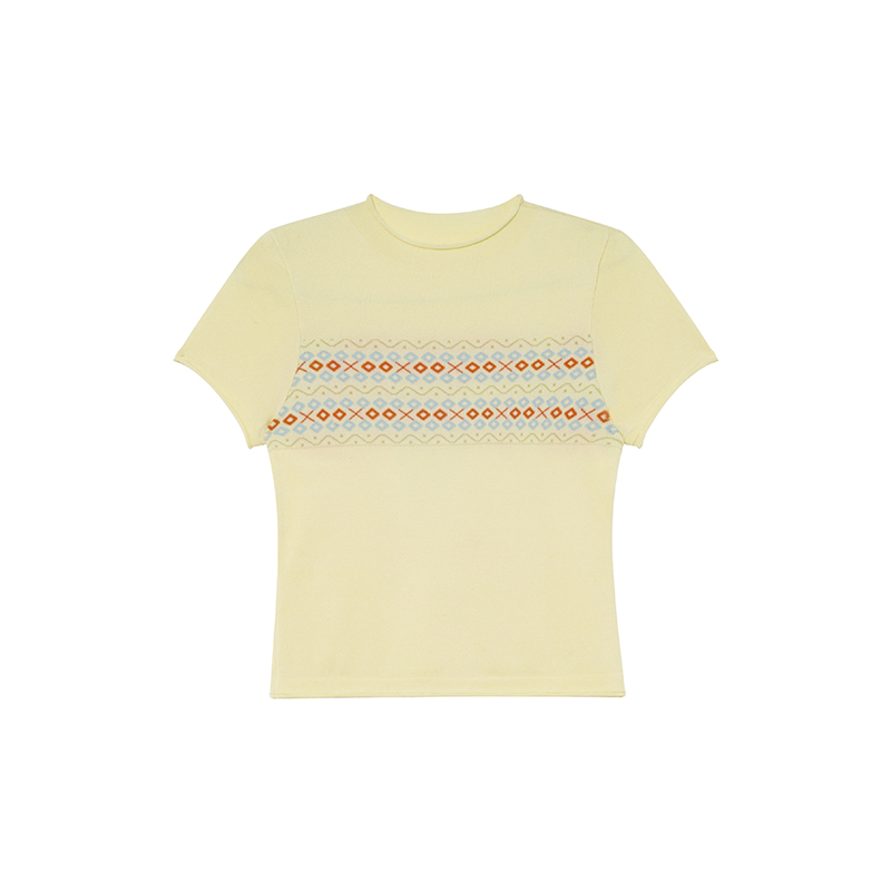 Fair Isle Geometric Jacquard Short-Sleeve T-Shirt for Women, Slim Fit Flattering Summer Style, Trendy Knit Top