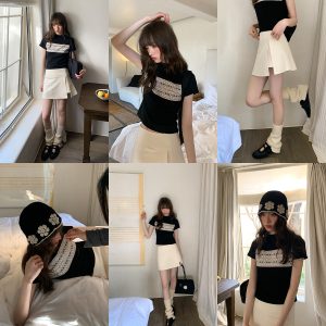 Fair Isle Geometric Jacquard Short-Sleeve T-Shirt for Women, Slim Fit Flattering Summer Style, Trendy Knit Top