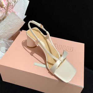 Fairy Square Head Bowknot Chunky Heeled Sandals with One Strap - French Style White Heels for Chic Summer Outfits
