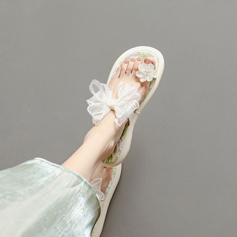 Fairy Style Thick-Soled Flower Bow Open-Toe Slippers One-Strap Sandals for Women - Versatile Outdoor Wear