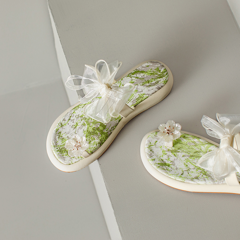 Fairy Style Thick-Soled Flower Bow Open-Toe Slippers One-Strap Sandals for Women - Versatile Outdoor Wear