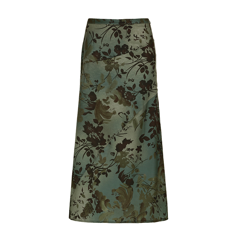 Fallen Flowers Vintage Forest Style A-Line Long Skirt for Women - Low Waist, Autumn Mood, Chinese Design