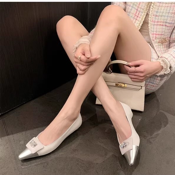 Fashionable Color-Blocking Low-Heeled Butterfly Rhinestone Single Shoes for Women - Pointed Toe, Shallow Mouth, Trendy Style