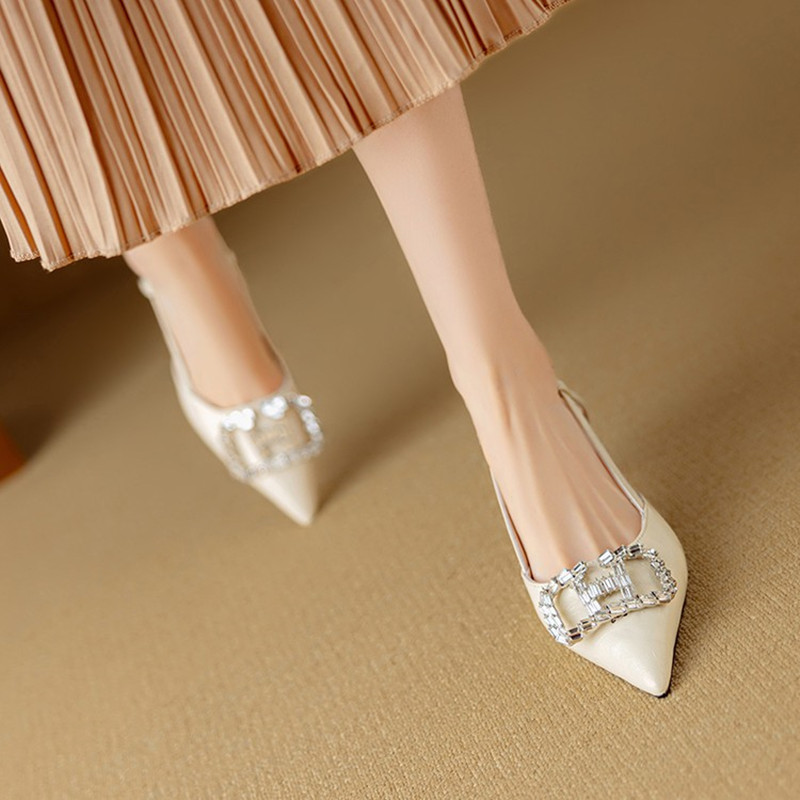 Fashionable Open-Back Sandals for Women with Rhinestone Square Buckle, Pointed Toe Stiletto Heels, Italian Style