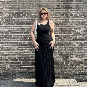 Faux Two-Piece Black Vest Dress - American Street Style Mid-Length Sleeveless Dress with Slimming Fit and Long Skirt