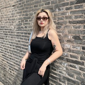 Faux Two-Piece Black Vest Dress - American Street Style Mid-Length Sleeveless Dress with Slimming Fit and Long Skirt