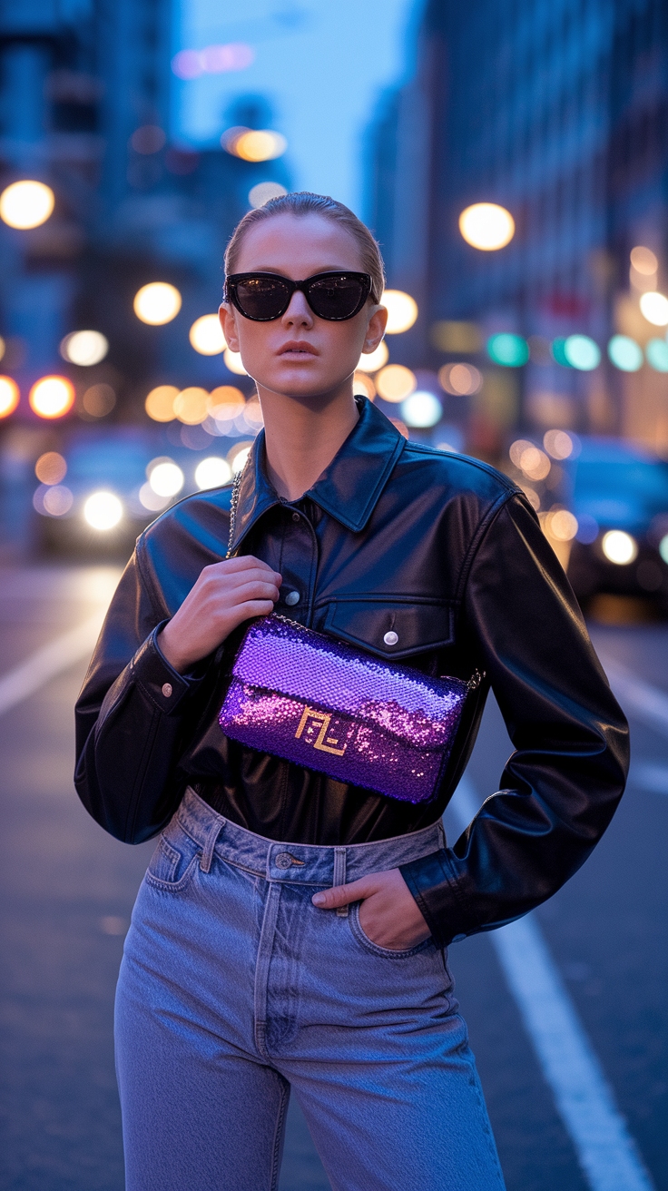 Glam Up with the Fendi Purple Sequin Baguette outfit idea